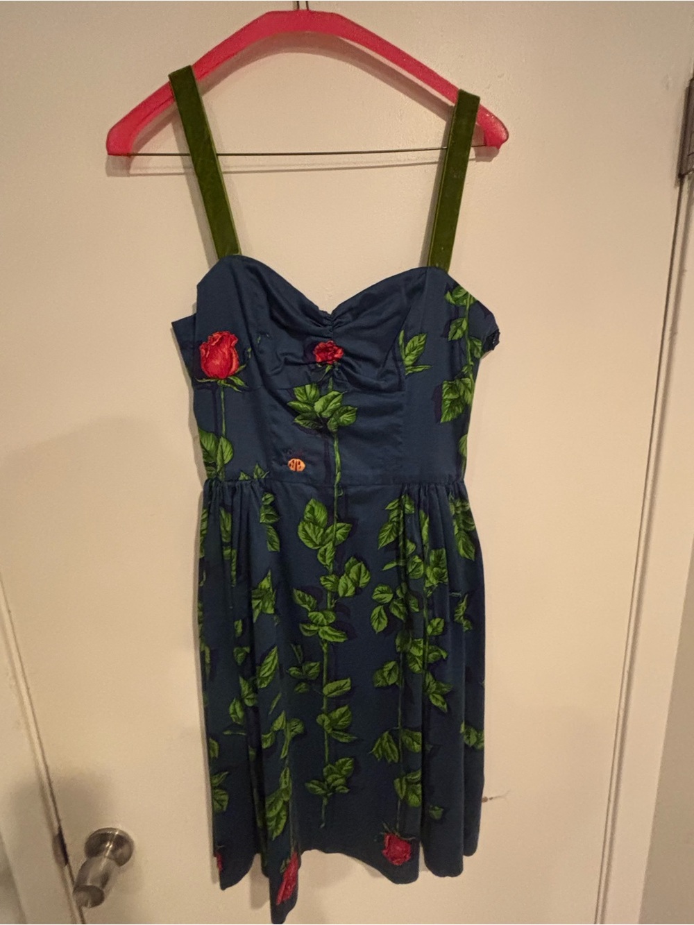 Betsey Johnson Navy Dress with Green Rose Print and Olive Straps